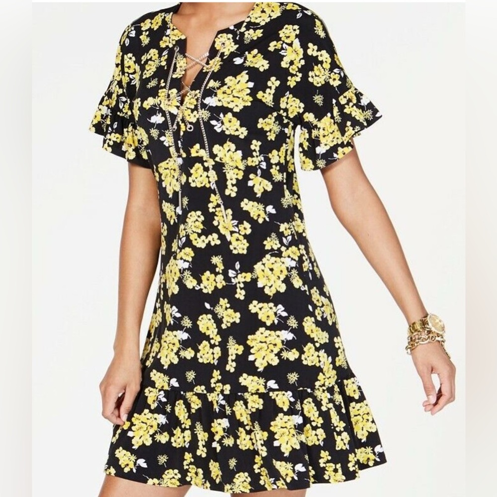 Michael Kors Floral Gold Chain Lace-Up Mini Dress in‎ Black and Yellow - PM